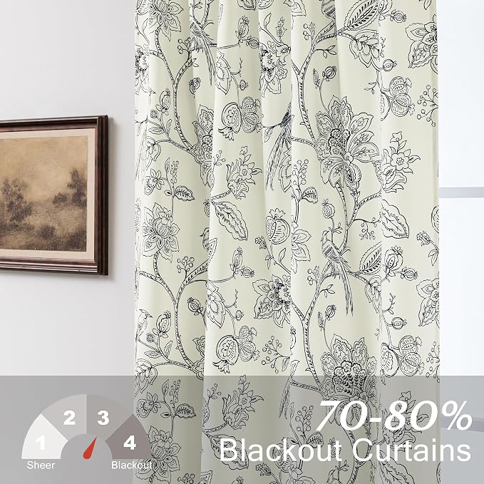 Toile French Country Curtains,Semi Blackout Cream and Black Floral Unique Modern Farmhouse Classic Curtains for Living Room Bedroom 84 Inches Long
