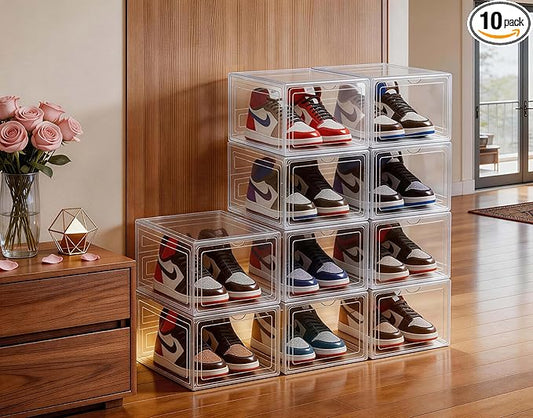 10 Pack Clear Shoe Storage Boxes Stackable, Plastic Shoe Boxes with Lids, Sneaker Storage, Transparent, Thick Hard, Drop Front Door, Within US Size 13, Size: 13.54”x10.63”x7.49”