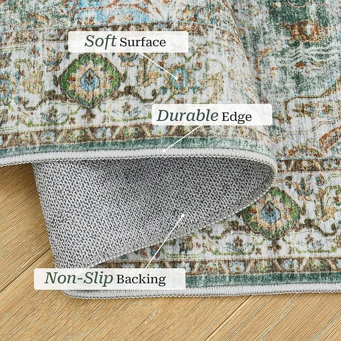 Madane Washable Runner Rugs 2x12 Long for Hallway Kitchen Soft, Green | Non-Slip Vintage Printed 12ft Rug Runners with Rubber Backing, Low-Pile Floor Carpet Laundry Room Entryway, Corridor