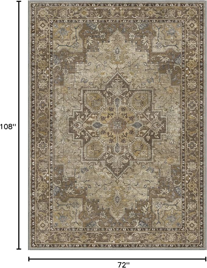 GENIMO 6x9 Area Rugs for Living Room, Machine Washable Non Slip Vintage Rugs, Low Pile Lightweight Print Rug for Bedroom, Dining Room, Home Office, Rustic Brown