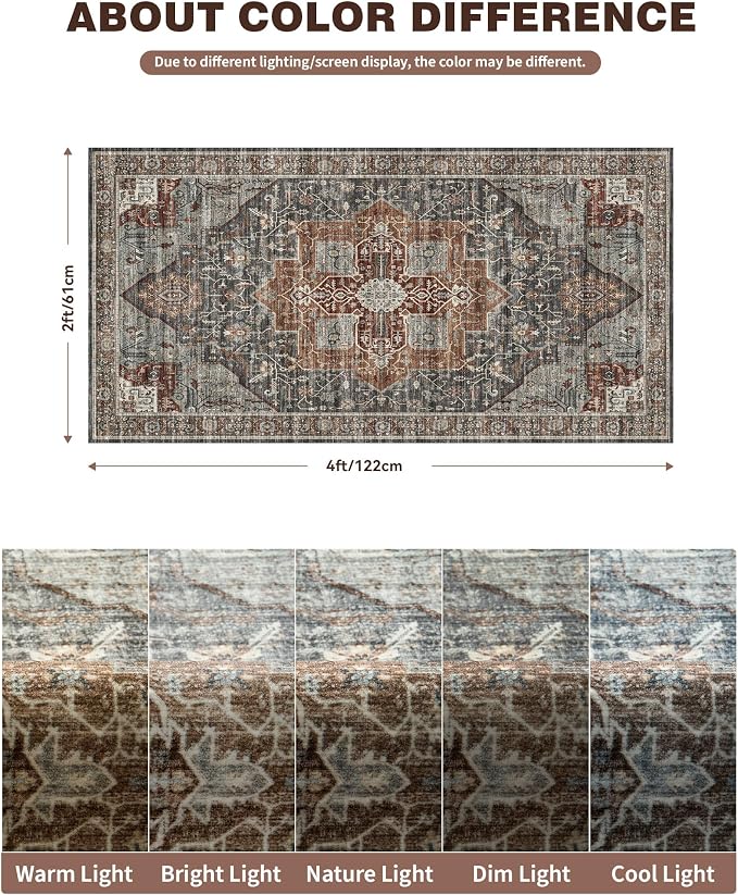 Roxstand Washable Runner Rug 2x4 - Vintage Non-Slip Small Area Rugs for Entryway, Low-Pile Stain Resistant Indoor Rug for Laundry Room Kitchen Bathroom Dining Room (Grey/Brown/Tan)