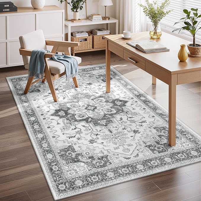 3x5 Entryway Rug Indoor Washable Boho Non-Slip Low Pile Carpet Washable Rugs for Bedroom Bedside, Farmhouse, Office, Dining Room Grey