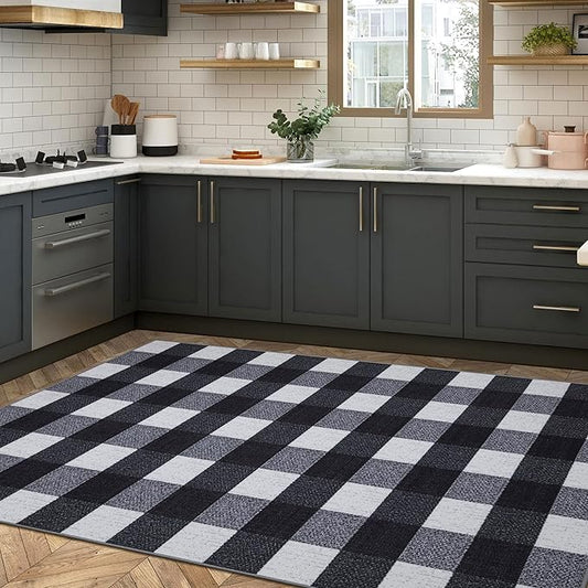 Ottomanson Living Room Area Rug – Non Slip Low Pile Carpet for Bedroom, Office & Family Room, 5' x 6'6", Checkered Black/White
