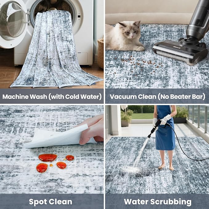 9x12 Area Rugs Washable Rug:Anti-Skid Abstract Modern Living Room Rug Soft Thin Carpets Indoor Floor Non-Shedding Carpet for Bedroom Dining Farmhouse Nursery Home Office(Light Slate Blue/White, 9x12)