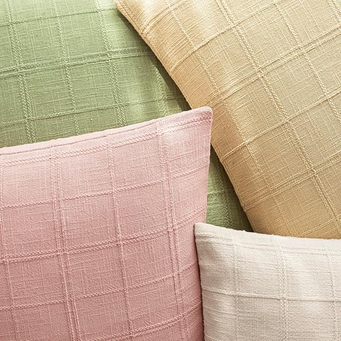 Foindtower Set of 2 Decorative Linen Check Throw Pillow Covers Neutral Farmhouse Vintage Cushion Covers Modern Boho Accent Home Decor for Sofa Chair Couch Bedroom Living Room,18×18 Inch,Light Pink