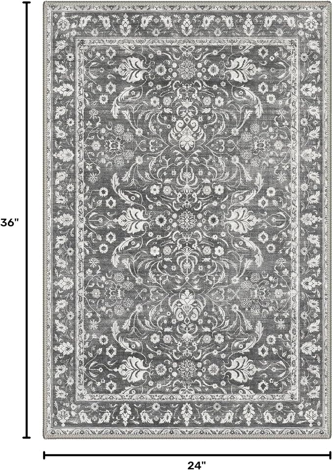 Bavni 2x3 Doormat, Machine Washable Runner Rug Non Slip, Vintage Floral Floral Rugs for Entrance, Lightweight Low Pile Carpet for Hallways Kitchen and Corridor, Charcoal Gray