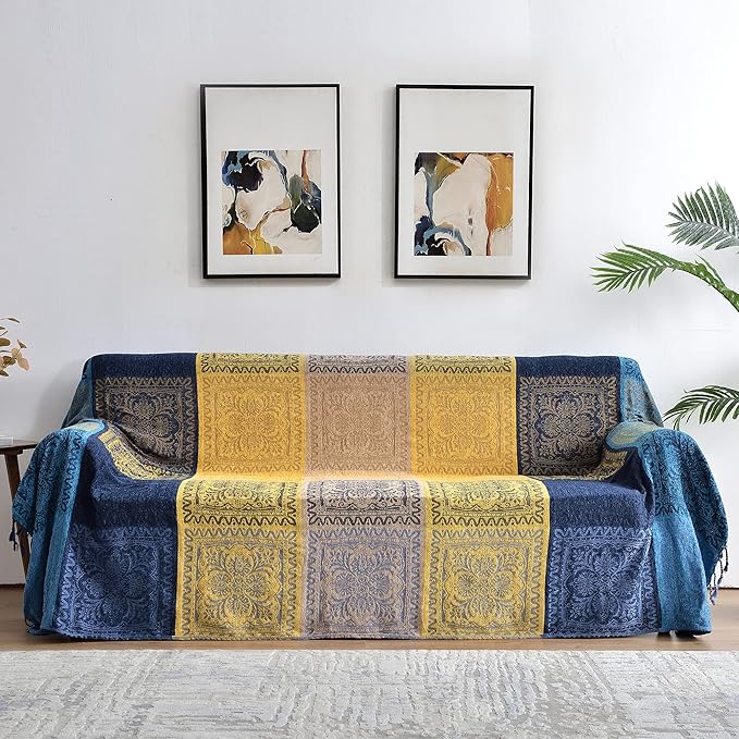 Bohemian Throw Blanket for Couch，Colorful Chenille Tassels Boho Woven Hippie Bed Blankets for Couch Sofa Chair Recliner Loveseat, Bohemian Fringe Tassels Decor Home (86" x 103")