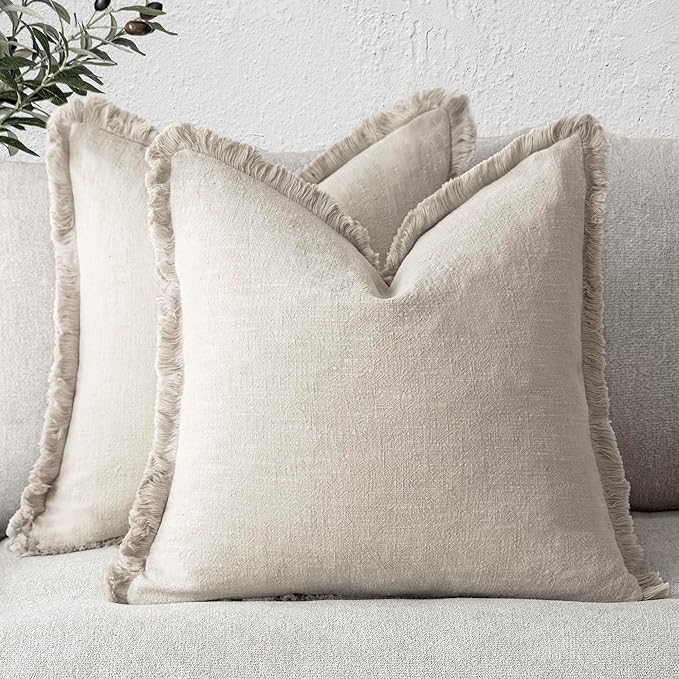 Foindtower Set of 2 Decorative Linen Fringe Throw Pillow Covers Cozy Boho Farmhouse Cushion Cover with Tassels Soft Accent Pillowcase for Couch Sofa Bed Living Room Home Decor, 16×16 Inch, Beige