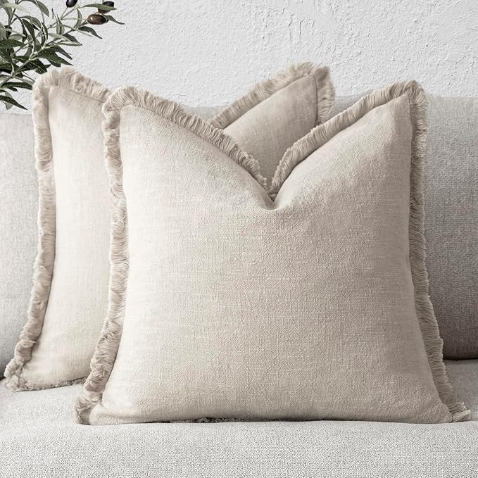 Foindtower Set of 2 Decorative Linen Fringe Throw Pillow Covers Cozy Farmhouse Boho Cushion Cover with Tassels Soft Accent Pillowcase for Couch Sofa Bed Living Room Home Decor 20×20 Inch Beige
