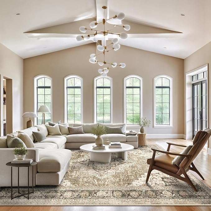 Roxstand Washable Rugs 9x12, Large Area Rugs 9x12 Living Room with Non-Slip Backing, Super-Soft Floral Vintage Rug, Low Pile Area Rug for Bedroom, Dining Room, Office (Brown/Beige, 9'x12')