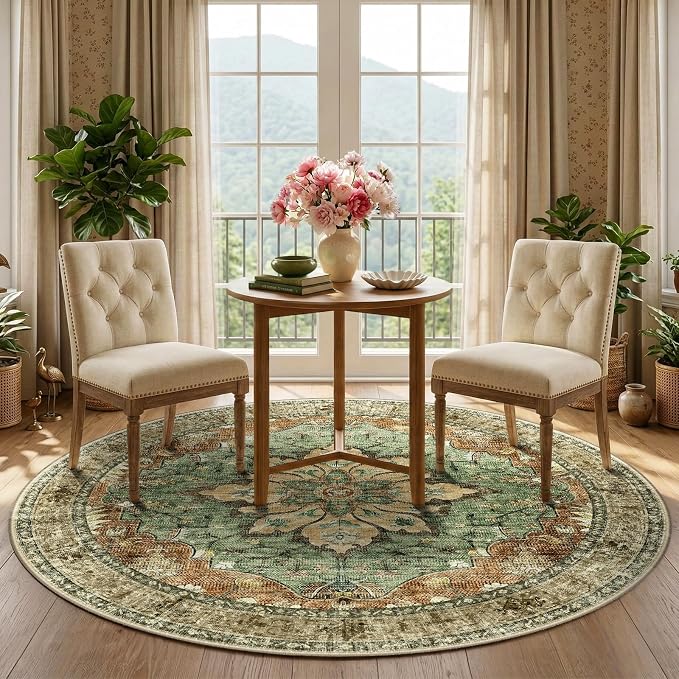 RELEANY Area Rugs Round 5ft Washable Non-Slip, Floral Vintage Distress Medallion Carpet for Living Room Bedroom Dining Room, Terracotta Burnt Orange Green