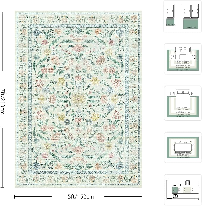5x7 Area Rugs, Vintage Rugs for Bedroom, Indoor Non-Slip Washable Rug for Living Room, Dining Room, Low Pile Home Decor Floral Rug(Beige Bloom)
