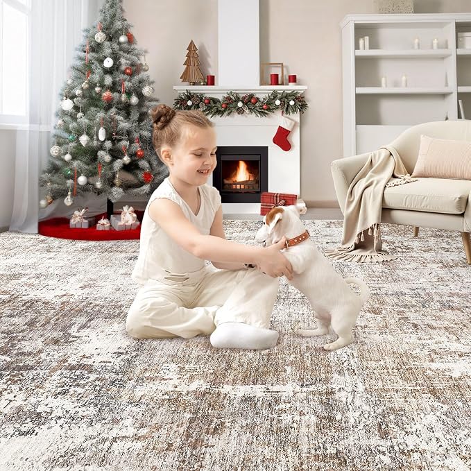 UERMEI 5x7 Washable Area Rug - Neutral Modern Abstract Living Room Rugs, Non-Slip Soft Large Indoor Floor Carpet for Bedroom Home Office & Under Dining Table Decor, Brown/Grey/Red
