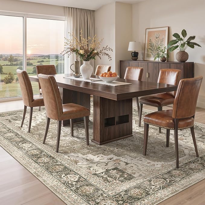 Roxstand 6x9 Area Rugs for Living Room, Washable Rug with Non-Slip Backing, Ultra-Thin Rugs for High-Traffic Areas, Super-Soft Floral Vintage Farmhouse Large Area Rug (Brown/Beige, 6'x9')