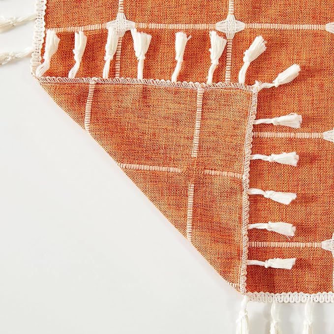 RoomTalks Orange Boho Farmhouse Curtains for Bedroom Living Room 84 Inch Length French Country Fall Autumn Cute Textured Window Curtain Panels Striped Bohemian Chic Tassel Draperies, 84’’L x 52’’W