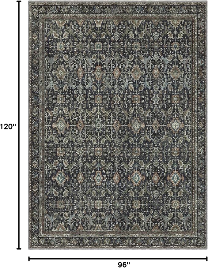 GENIMO 8x10 Area Rugs for Living Room, Machine Washable Non Slip Vintage Rugs, Low Pile Lightweight Chenille Print Rug for Bedroom, Dining Room, Home Office, Black