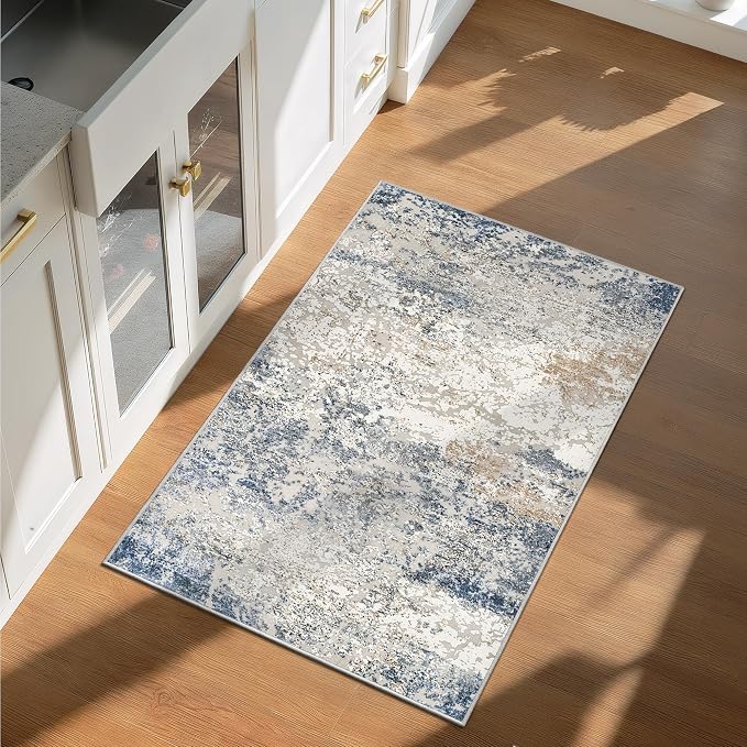 Art&Tuft 2x3 Washable Rug, Low Pile Abstract 2x3 Entryway Rug, Anti-Slip Backing Small Door Mat Pet Friendly for Front Door, Entrance, Kitchen, Bathroom, Laundry, Blue