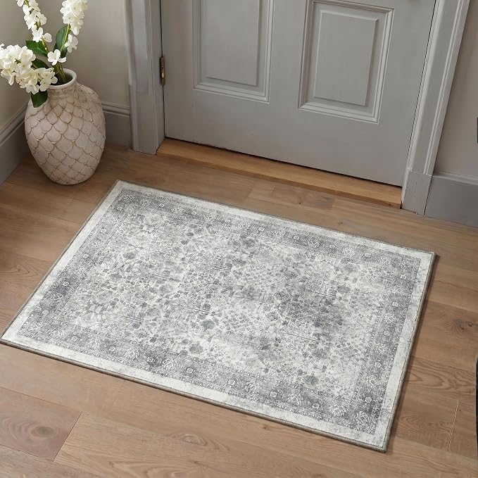 Bavni Washable Rugs 8x10 Machine Washable Rug Lightweight Low Pile, Vintage Floral Rug Non-Shedding Distressed Throw Carpet for Living Room Bedroom Office, Grey