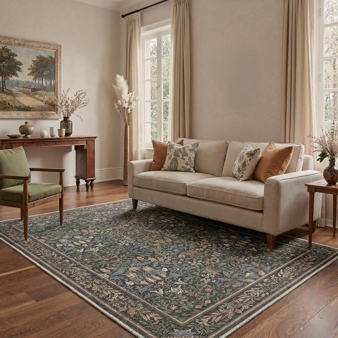 GENIMO 8x10 Washable Rug for Living Room, Non Slip, Charcoal Sage Green | Vintage Boho Floral Low Pile Thin Carpet for Bedroom, Dining Room, Nursery, Indoor Decor