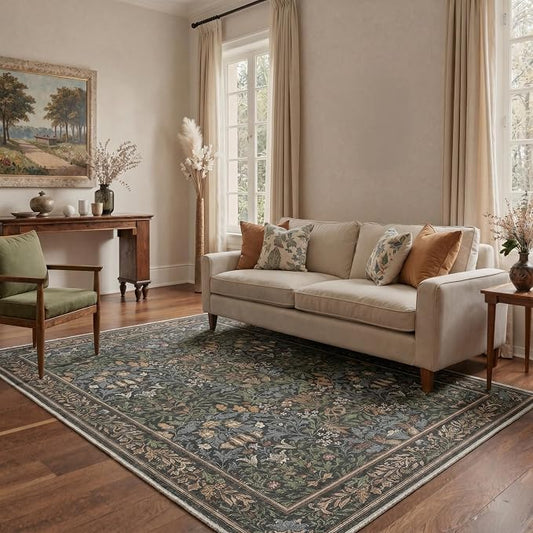 GENIMO 8x10 Washable Rug for Living Room, Non Slip, Charcoal Sage Green | Vintage Boho Floral Low Pile Thin Carpet for Bedroom, Dining Room, Nursery, Indoor Decor