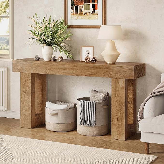 LITTLE TREE 63 Inches Long Console Table for Entryway, Sofa Table Behind Couch, Wooden Entry Table Foyer Hallway Table, Industrial Console Sofa Table for Living Room, Oak Color