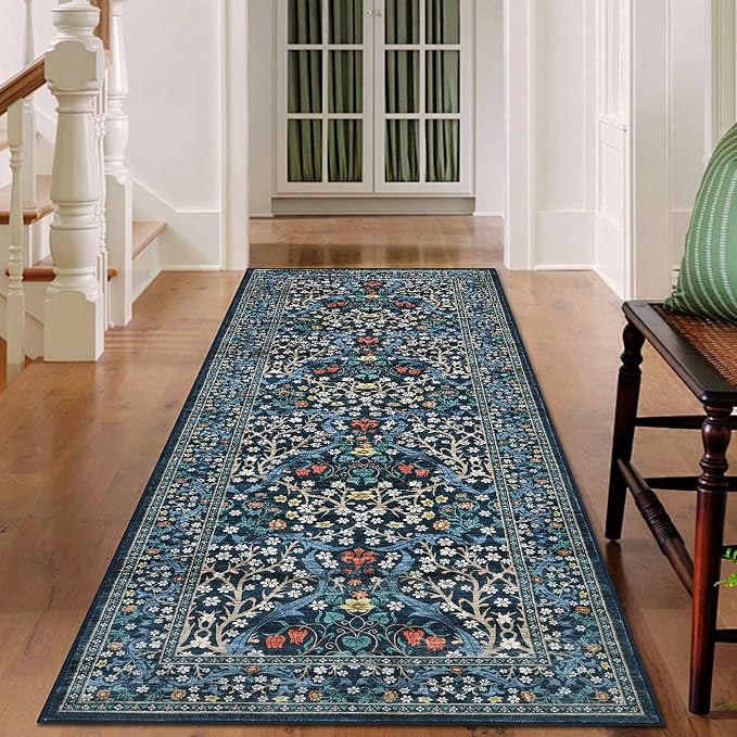 GarveeHome Kitchen 2x6 Runner Rug, Floral Washable Rugs for Hallways Non Slip Stain Resistant, Boho Soft Rug Botanical Carpet for Entryway, Laundry Room, Bedroom Floor Mat, Dark Blue