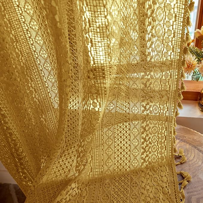 WAZZIO Boho Lace Curtains 63 Inches 2 Panel,Light Filtering Privacy Tassel & Geometry Crochet Semi Sheer Curtain Drapes for Bedroom Living Dining Room,Rod Pocket & Tassel,Mustard Yellow