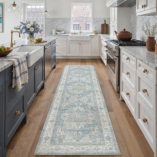 2x8 Washable Vintage Runner Rug Blue Oriental Hallway Kitchen Throw Rug Neutral Non Slip Soft Low Pile Carpet for Bathroom Laundry Bedroom Living Room