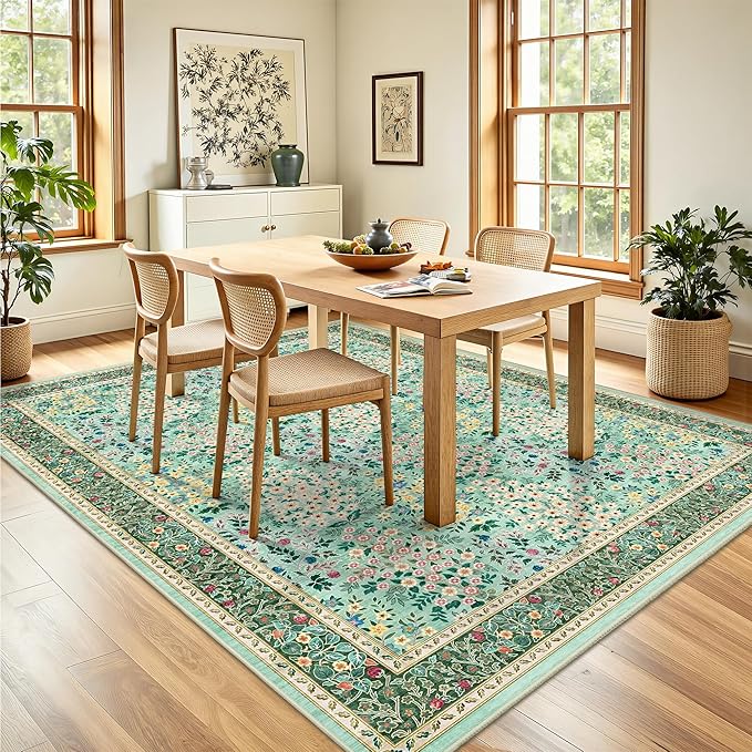 5x7 Area Rugs, Vintage Washable Rug for Bedroom, Indoor Non-Slip Rugs for Living Room, Dining Room, Low Pile Home Decor Floral Rug(Green Floral)