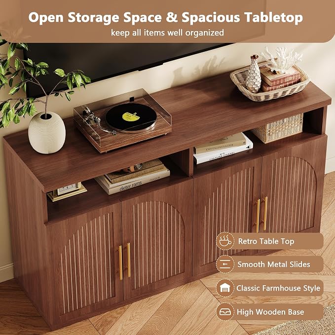 Fluted Buffet Cabinet with Storage, 63" Wide Wood Sideboard Credenza with 4 Doors & Open Storage Shelf, Modern Kitchen Entryway Accent Table for Dining Room Living Room, Kitchen, Hallway, Walnut