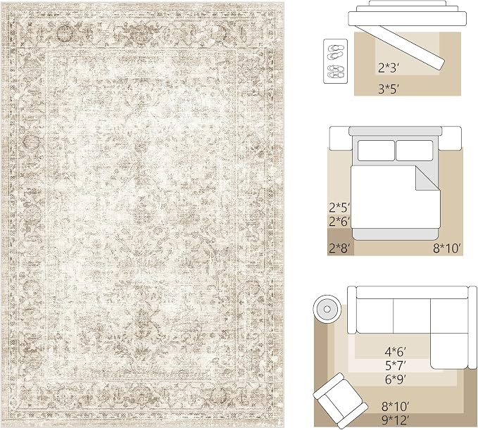 FMFUNCTEX 6x9 Washable Area Rug Beige Vintage Neutral Distressed Large Non Slip Carpet for Living Room Bedroom Soft Low Pile Indoor Mat Retro Floral Throw Rug for Dining Room Kitchen Office Nursery