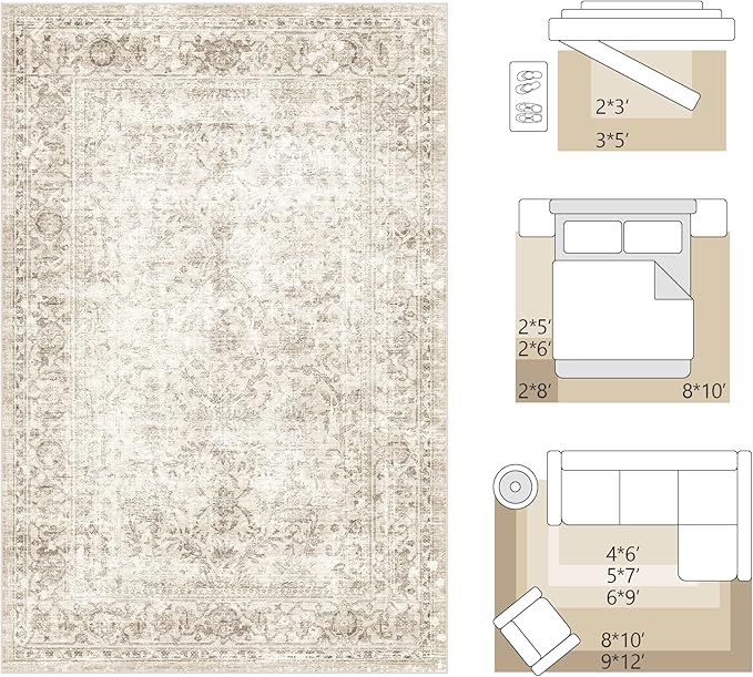 FMFUNCTEX 5x8 Washable Area Rug Beige Vintage Neutral Distressed Large Non Slip Carpet for Living Room Bedroom Soft Low Pile Indoor Mat Retro Floral Thin Rug for Dining Room Kitchen Office Nursery