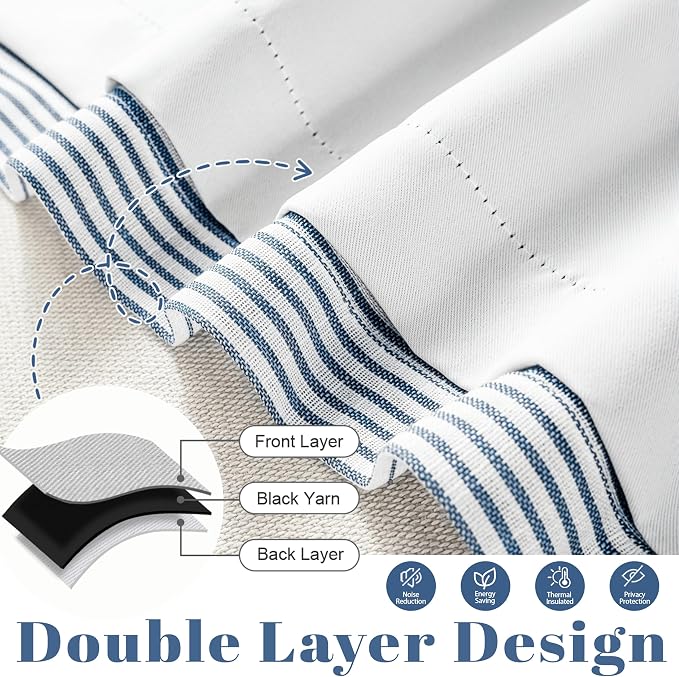 DriftAway Blackout Linen Ticking Striped Curtain Valance 18 Inches Navy | Double Layer Farmhouse Country Rustic Stripe Yarn Dyed Woven Thermal Insulated Rod Pocket Valance for Living Room