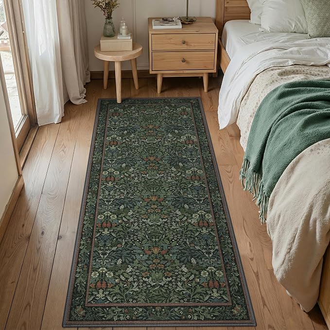 GENIMO 2x5 Washable Kitchen Runner Rug, Non Slip Hallway Mat, Dark Green | Vintage Boho Floral Low Pile Thin Mat for Entryway, Kitchen, Bedroom, Indoor Decor