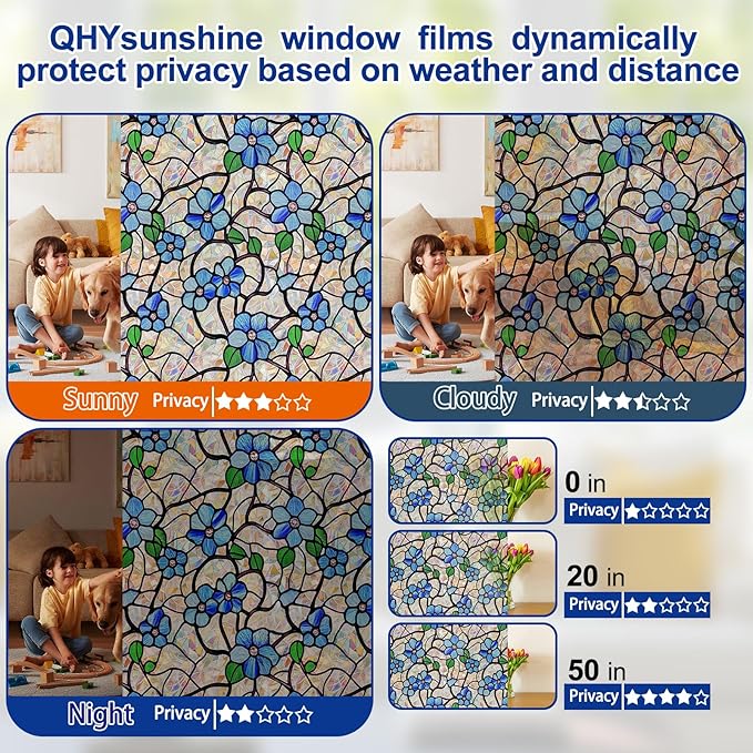 QHY Sunshine Privacy Window Film with Installation Tool Decorative Stained Glass Window Stickers Reusable Window Film (Indigo Rainbow, 35.4 x 157.4)