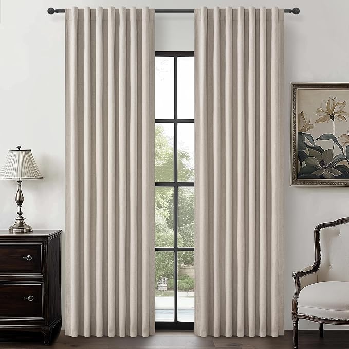 Grey Flax Curtains 86 inch Length 2 Panels Set, Hook Belt&Rod Pocket White Backing Beige Taupe Thermal Living Room/Bedroom/Sliding Door Linen Blackout Curtain Window Boho Summer Drapes (50"Wx86"Lx2 )