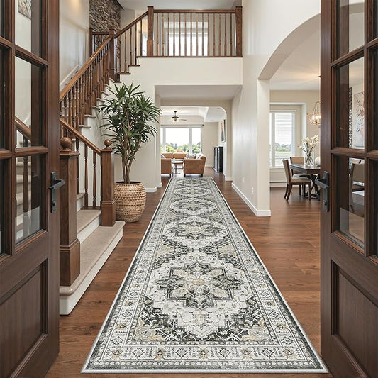 Madane Hallway Runner Rug 3x16 Washable Kitchen Runners Long, Black | Vintage Non-Slip Wide Area Rugs 16ft for Entryway, Low-Pile Farmhouse Indoor Floor Carpet for Living Room Bedroom