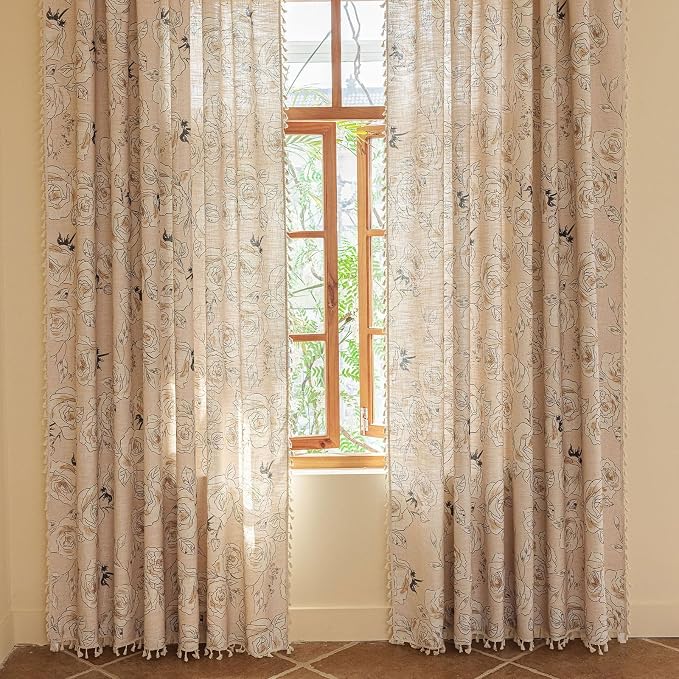 OYX Boho Floral Semi-Blackout Curtains for Bedroom, 2 Panels 52x63 Inches, Grey Rose Vintage Country Pattern with Tassels, Rod Pocket Design, Farmhouse Window Treatments