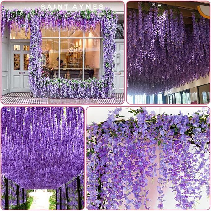 Alotiki Wisteria Hanging Flowers,50 Pack Fake Hanging Flowers,Wisteria Artificiales Garland for Home Wedding Arch Floral Party Garden Ceremony Outdoor Decor,3.6 Feet Long(50,Purple)