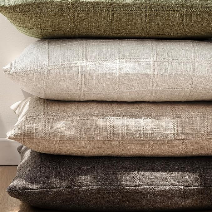Foindtower Set of 2 Decorative Linen Check Throw Pillow Covers Neutral Farmhouse Vintage Cushion Covers Modern Coastal Boho Home Decor for Sofa Chair Couch Bedroom Living Room,24×24 Inch,Camel