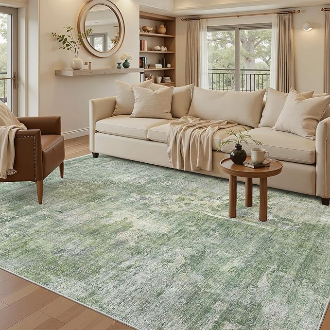 Soalmost 7x9 Area Rug for Living Room Washable Abstract Vintage Soft Thin Indoor Floor Non-Slip Carpet for Bedroom Dining Room Green/Ivory