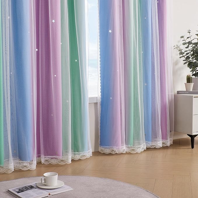 XiDi Blue & Rainbow Curtains for Kids & Girl Rooms - Blackout, Purple & Green 34x72 Inch Long 1 Panel with Unicorn Wall Decals