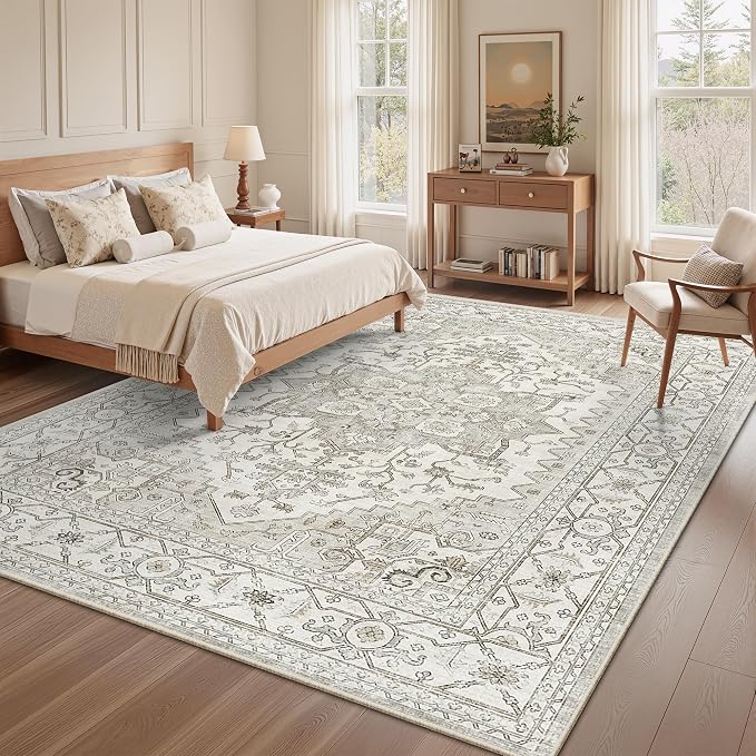 Washable 7x9 Area Rug for Living Room,Vintage Floral Large Rugs with Non Slip Backing Stain Resistant Carpet for Bedroom Indoor Soft Carpets Home Decor,Beige