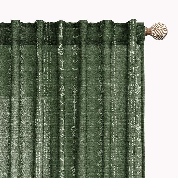 Olive Green Linen Sheer Boho Patterned Curtains 63 Inches Long for Living Room 2 Panels Set