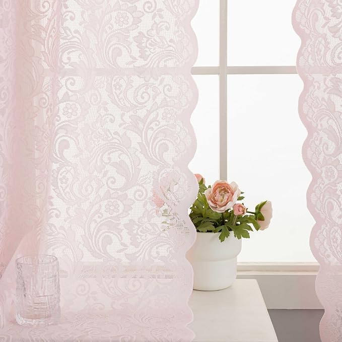 ALIGOGO Pink Lace Curtains 84 Inch 2 Panels Floral Coquette Sheer Drapes | French Cute Romantic, for Nursery Living Room, Light Filtering & Privacy, Rod Pocket, 52" W x 84" L