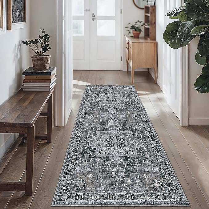 GENIMO 8x10 Area Rugs for Living Room, Machine Washable Non Slip Vintage Rugs, Low Pile Lightweight Print Rug for Bedroom, Dining Room, Home Office,Dark Gray