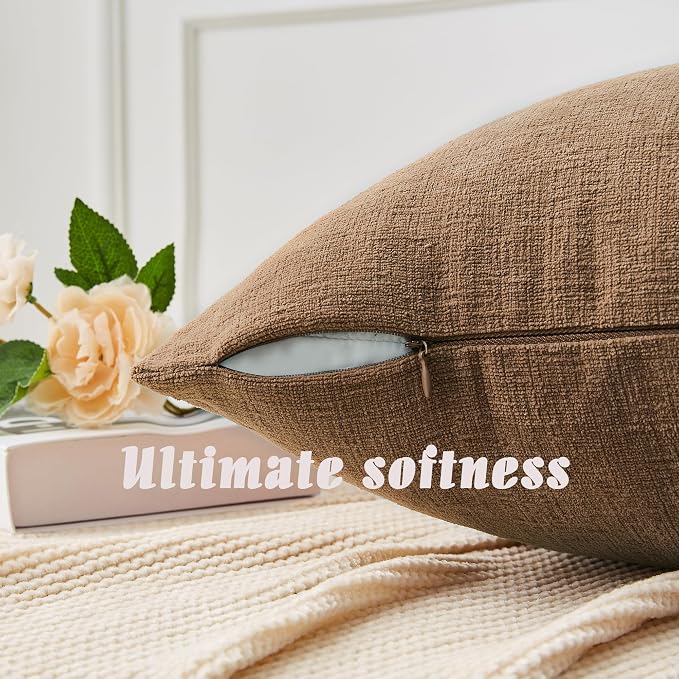 GAWAMAY Decorative Square Throw Pillow Covers 20"x20" Inch Set of 2, Super Soft Chenille Pillows Farmhouse Fall Pillowcase for Living Room Bedroom Sofa Couch Cushion Cover Brown 50x50cm (No Inserts)