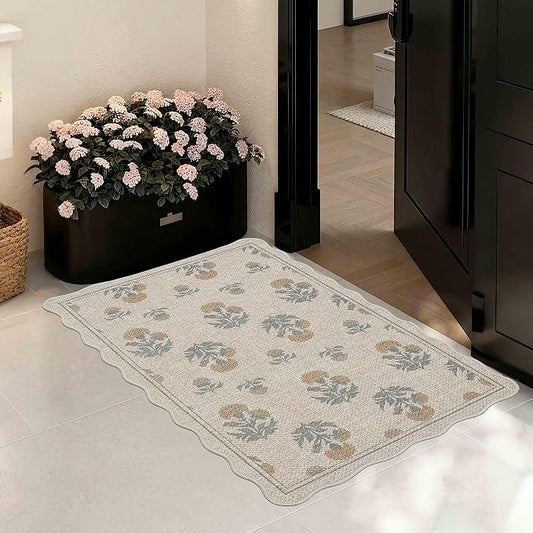 ORTIGIA Scalloped Easy Jute 2x3 Area Rug Vintage Yellow Floral Farmhouse Washable Rug Non-Slip Indoor Outdoor Carpet for Living Room Bedroom Kitchen Patio Entryway