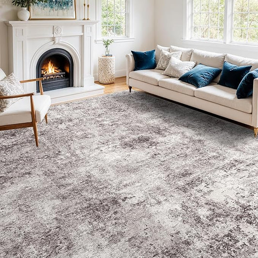 12x12 Square Living Room Area Rug - Washable Large Non-Slip Rug Modern Abstract Floor Carpet Neutral Thin Low-Pile Indoor mat for Bedroom Dining Room Playroom (Gray Cream,12x12)