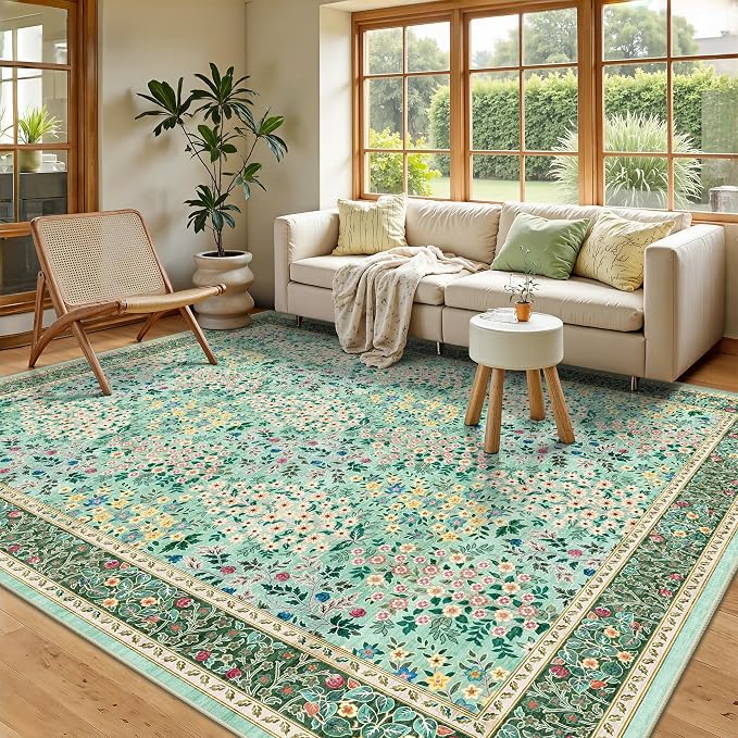 5x7 Area Rugs, Vintage Washable Rug for Bedroom, Indoor Non-Slip Rugs for Living Room, Dining Room, Low Pile Home Decor Floral Rug(Green Floral)